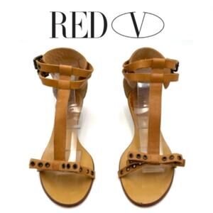 NEW - Red Valentino sandals eyelet bow double buckle closure sz 39.5 cognac tan